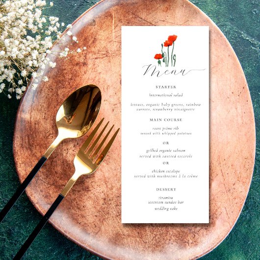 Elegant Simple Waterverf Red Poppy Floral Wedding Menu