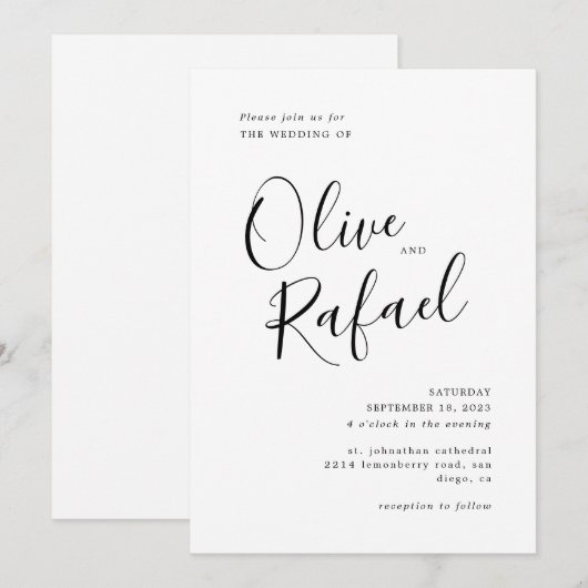 Elegant Simple Wedding Black-kalligrafie Kaart (Voorkant / Achterkant)