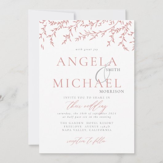 Elegant Simple Wedding Invitation Pink branche Kaart (Voorkant)