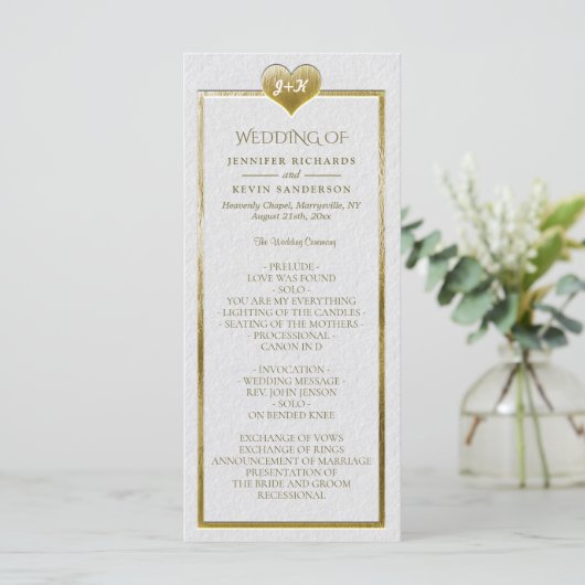Elegant Simple Wedding Program met Gold Heart Programmakaart (Staand voorkant)