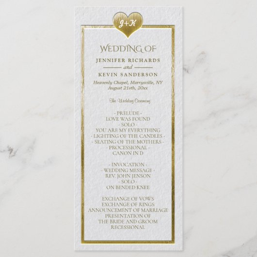 Elegant Simple Wedding Program met Gold Heart Programmakaart (Voorkant)