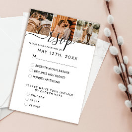 Elegant Simple White Black Photo Wedding RSVP Kaartje