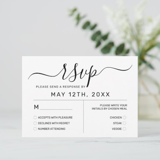 Elegant Simple White Black Wedding RSVP Kaartje (Staand voorkant)