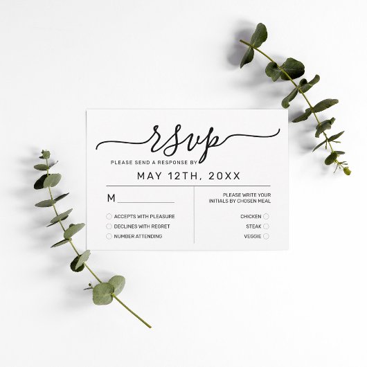 Elegant Simple White Black Wedding RSVP Kaartje