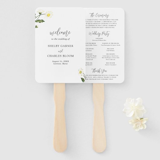 Elegant Simple White Daisy Floral Wedding Programm Handwaaier (Voorkant en achterkant)