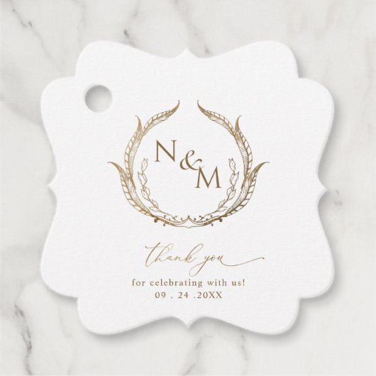 Elegant Simple, White en Gold Monogram Weddenschap Bedankjes Labels (Voorkant)