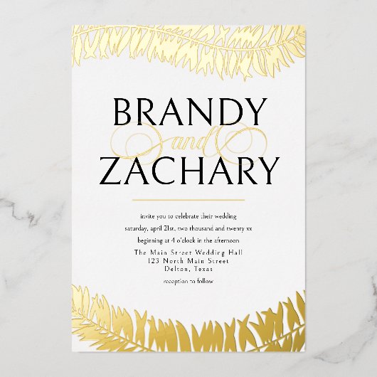 Elegant Simple White Gold Leaves Weddenschap Real  Folie Uitnodiging (Voorkant)