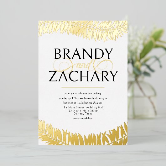 Elegant Simple White Gold Leaves Weddenschap Real Folie Uitnodiging (Staand Voorkant)