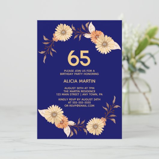 Elegant Sinaasappel Bloem Goud Navy Blauw Verjaard Kaart (Staand voorkant)