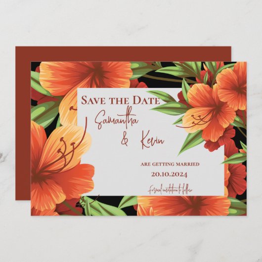 Elegant Sinaasappel Bloemen Bruiloft Save The Dat (Voorkant / Achterkant)