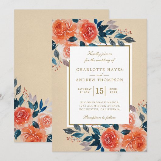 Elegant Sinaasappel Bloemen Waterverf Bruiloft Kaart (Voorkant / Achterkant)