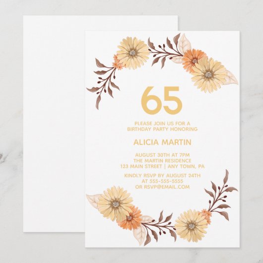 Elegant Sinaasappel Bloemengoud Wit Verjaardag Kaart (Voorkant / Achterkant)