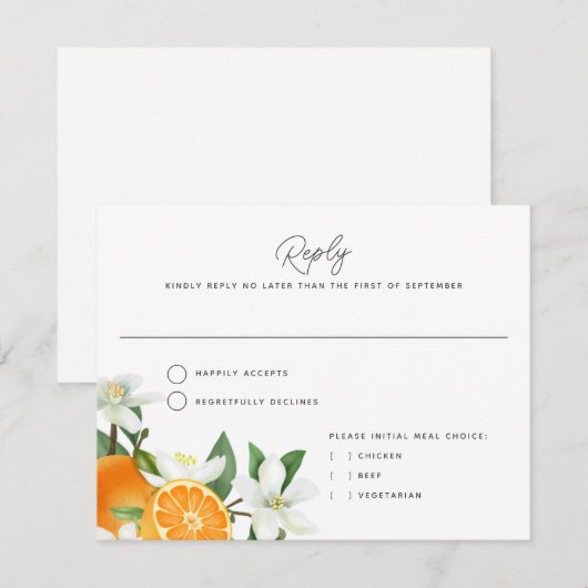 Elegant Sinaasappel Blossom Foliage Wedding Reply  Kaart (Voorkant / Achterkant)