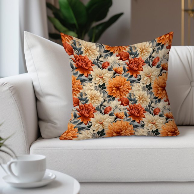 Elegant Sinaasappel Cream Blauwgroen Bloemen Kussen (Burnt orange and cream watercolor floral decorator pillow)