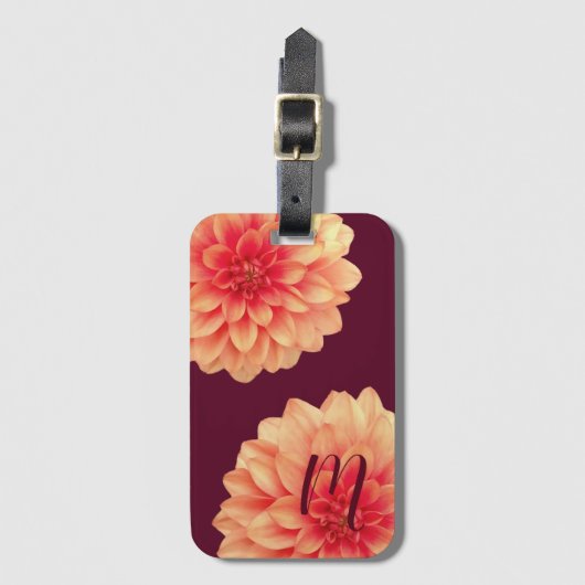Elegant Sinaasappel Dahlias Flowers Burgundy Monog Bagagelabel (Voorkant (verticaal))