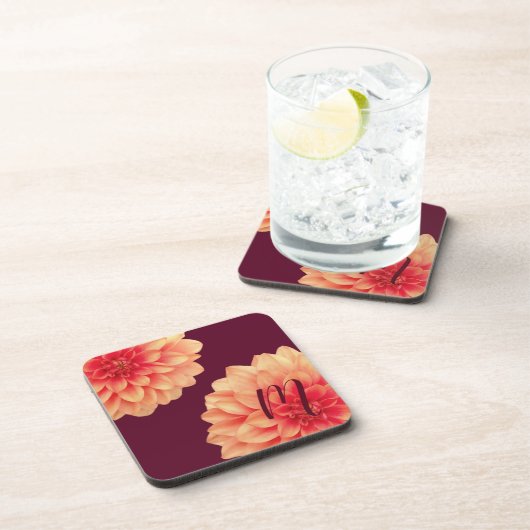 Elegant Sinaasappel Dahlias Flowers Burgundy Monog Bier Onderzetter (Rechterzijde)