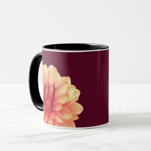 Elegant Sinaasappel Dahlias Flowers Burgundy Monog Mok (Voorkant links)