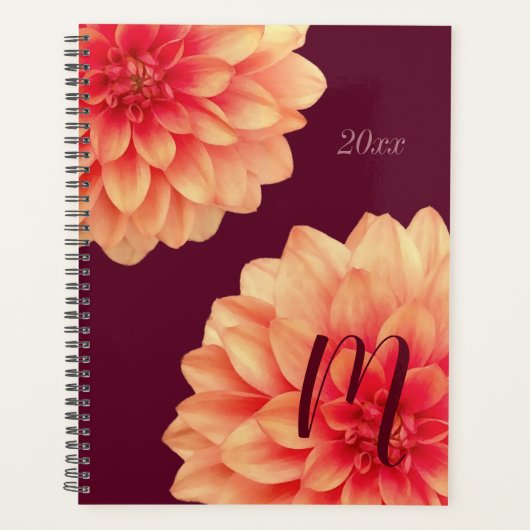 Elegant Sinaasappel Dahlias Flowers Burgundy Monog Planner (Voorkant)