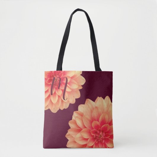Elegant Sinaasappel Dahlias Flowers Burgundy Monog Tote Bag (Voorkant)