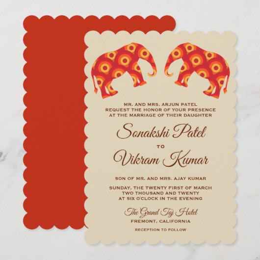 Elegant Sinaasappel Elephants Indian Wedding Invit Kaart (Voorkant / Achterkant)