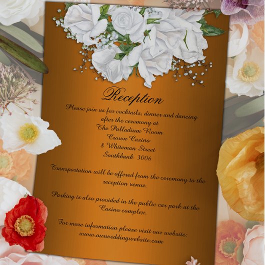 Elegant Sinaasappel en wit Floral bruiloft recepti Informatiekaartje