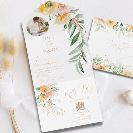 Elegant Sinaasappel Geel Foto WatercolorFloral All In One Uitnodiging