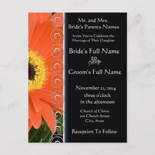 Elegant Sinaasappel Gerber Daisy Wedding Invitatio Uitnodiging Briefkaart (Voorkant)
