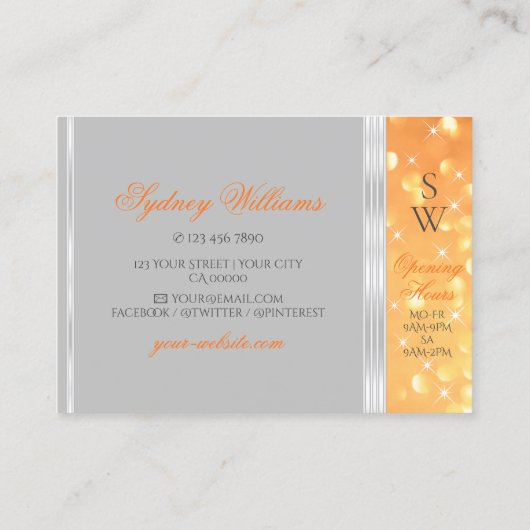 Elegant Sinaasappel Glitter Monogram Grijs Zilvere Visitekaartje (Achterkant)