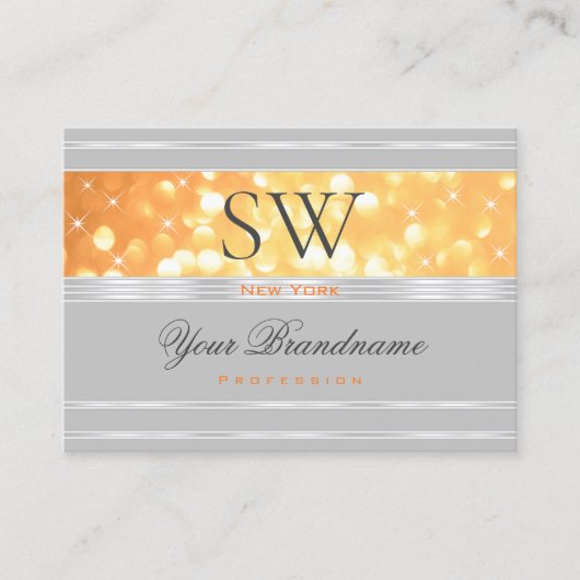 Elegant Sinaasappel Glitter Monogram Grijs Zilvere Visitekaartje (Voorkant)