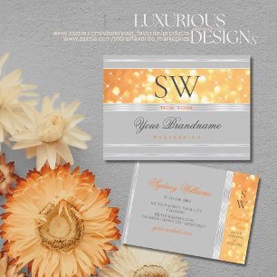 Elegant Sinaasappel Glitter Monogram Grijs Zilvere Visitekaartje