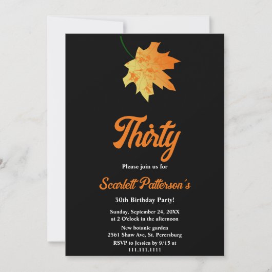 Elegant Sinaasappel herfstbladeren zwart 30e geboo Kaart (Voorkant)