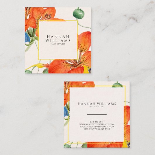 Elegant Sinaasappel Modern Chique Waterverf Bloeme Vierkante Visitekaartje (Voorkant / Achterkant)