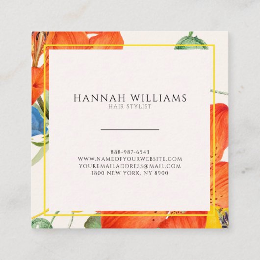 Elegant Sinaasappel Modern Chique Waterverf Bloeme Vierkante Visitekaartje (Achterkant)