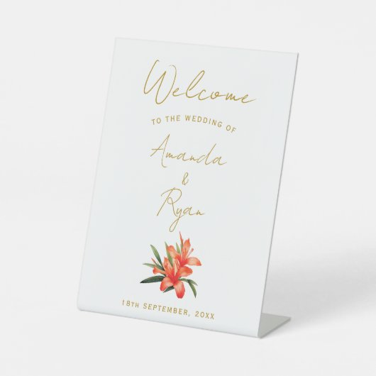 Elegant Sinaasappel Oleander Flower Wedding Welkom Reclamebord Met Voetstuk (Voorkant)