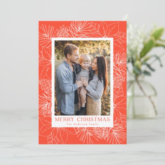 Elegant Sinaasappel Poinsettias en dennenappels Fo Feestdagenkaart (Staand voorkant)