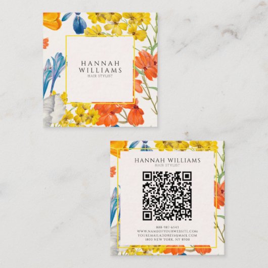 Elegant Sinaasappel QR Code Bloemen Patroon Modern Vierkante Visitekaartje (Voorkant / Achterkant)