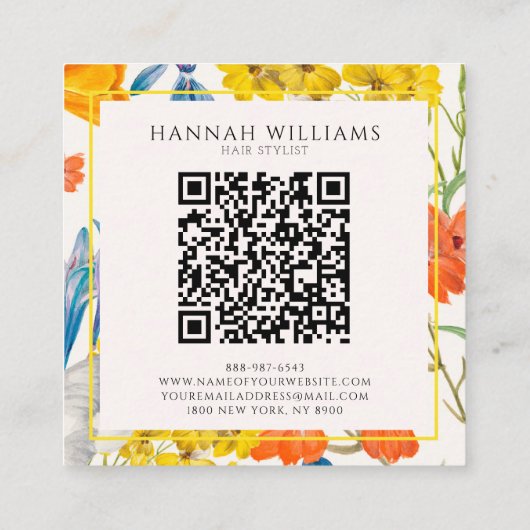 Elegant Sinaasappel QR Code Bloemen Patroon Modern Vierkante Visitekaartje (Achterkant)