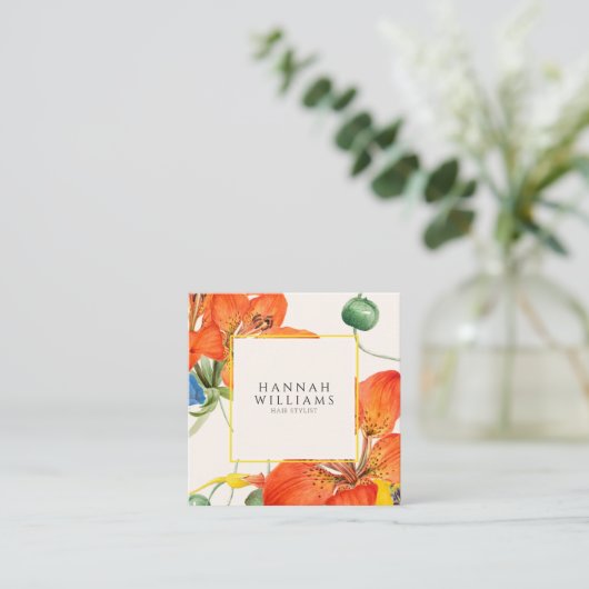 Elegant Sinaasappel QR Code Waterverf Bloemen Vierkante Visitekaartje (Staand voorkant)