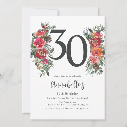 Elegant Sinaasappel & Rode Bloemen 30e Verjaardag Kaart (Voorkant)