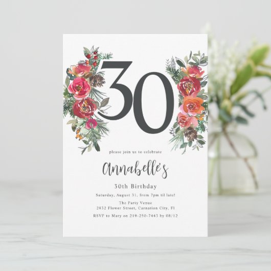 Elegant Sinaasappel & Rode Bloemen 30e Verjaardag Kaart (Staand voorkant)