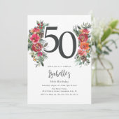 Elegant Sinaasappel & Rode Bloemen 50ste Verjaarda Kaart (Staand voorkant)