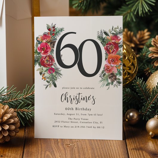 Elegant Sinaasappel & Rode Bloemen 60ste Verjaarda Kaart