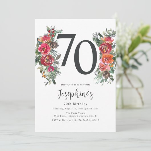 Elegant Sinaasappel & Rode Bloemen 70ste Verjaarda Kaart (Staand voorkant)