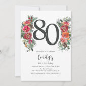 Elegant Sinaasappel & Rode Bloemen 80ste Verjaarda Kaart (Voorkant)