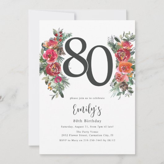 Elegant Sinaasappel & Rode Bloemen 80ste Verjaarda Kaart (Voorkant)