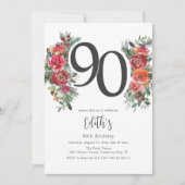 Elegant Sinaasappel & Rode Bloemen 90ste Verjaarda Kaart (Voorkant)