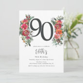 Elegant Sinaasappel & Rode Bloemen 90ste Verjaarda Kaart (Staand voorkant)