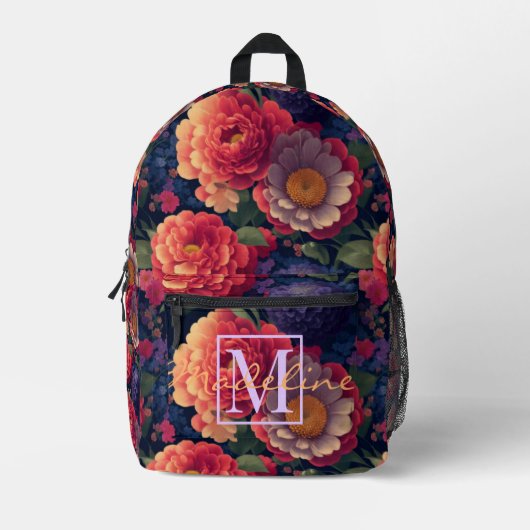 Elegant sinaasappel rood bloemenromantisch monogra bedrukte rugzak (Voorkant)