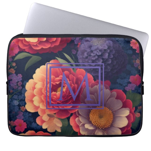 Elegant sinaasappel rood bloemenromantisch monogra laptop sleeve (Voorkant)