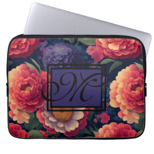Elegant sinaasappel rood bloemenromantisch monogra laptop sleeve